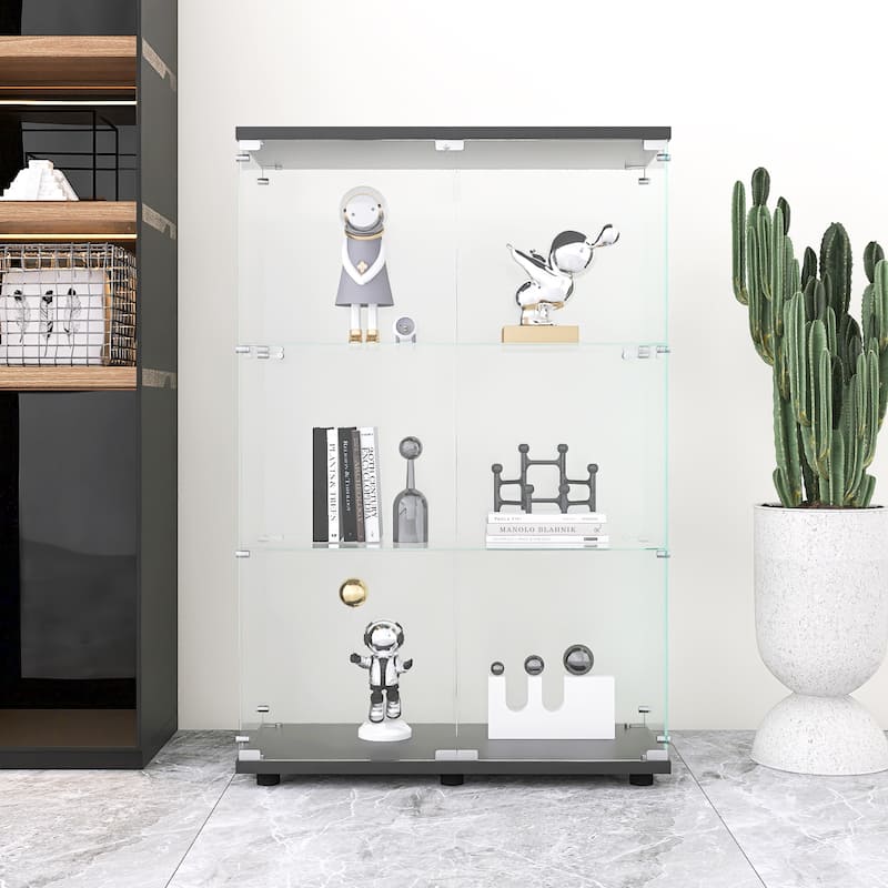 Two-door Glass Display Cabinet 3 Shelves with Door, Floor Standing Curio Bookshelf