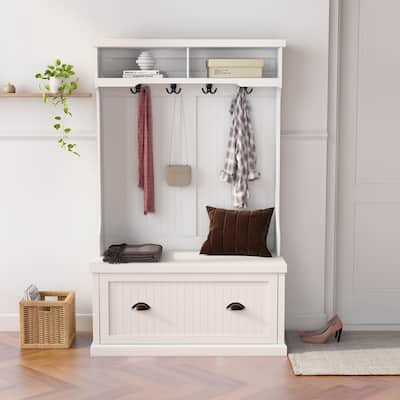 3-in-1 Entryway Hall Tree with Storage Bench and Coat Rack with Four Hooks and Shoe Storage Wood Storage Bench, White