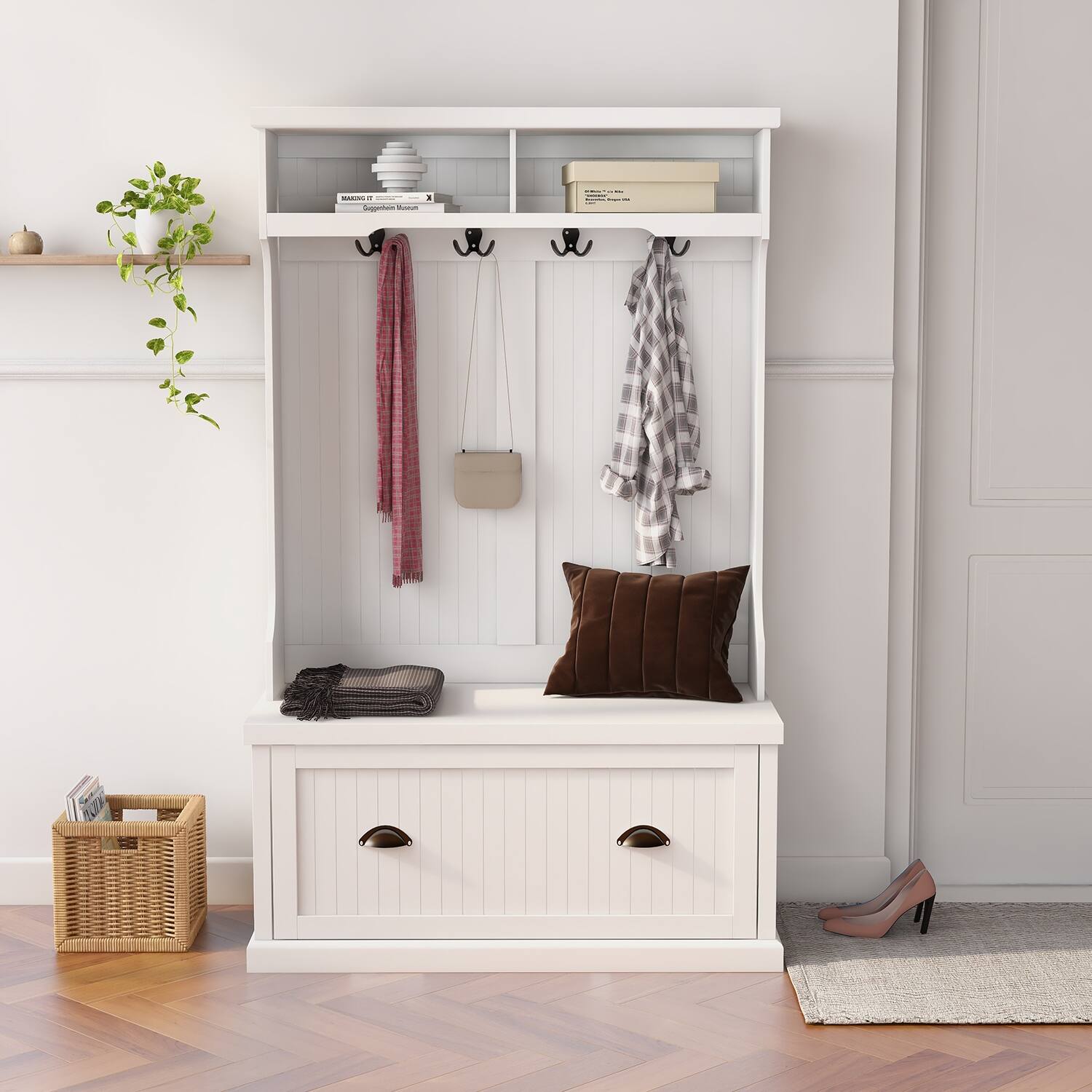 Entryway hall tree with coat rack 4 hooks and storage bench shoe