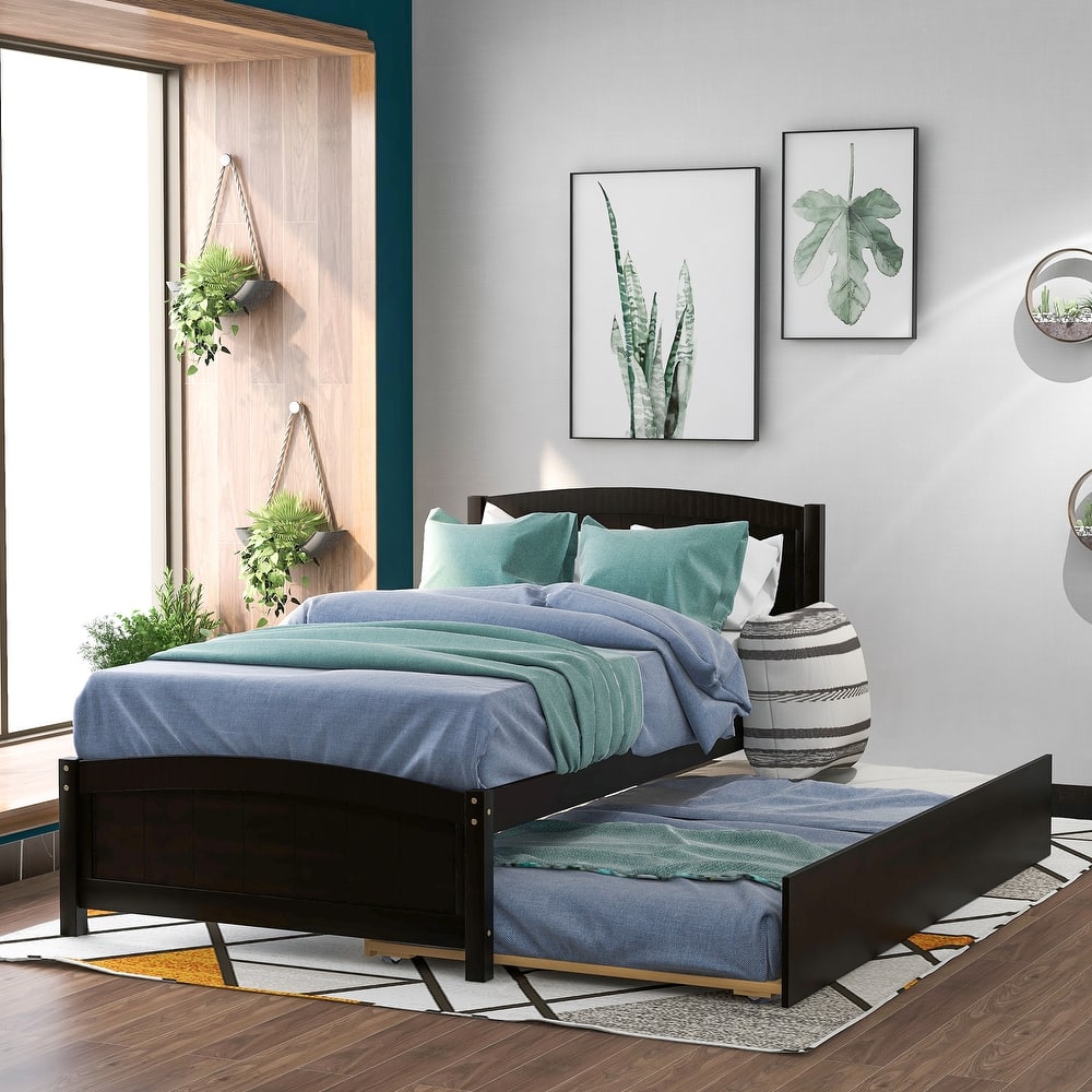 Guest Room Furniture Twin Size Platform Bed with Trundle Bed, Wood Bed Frame with Vertical Stripe Headboard and Footboard