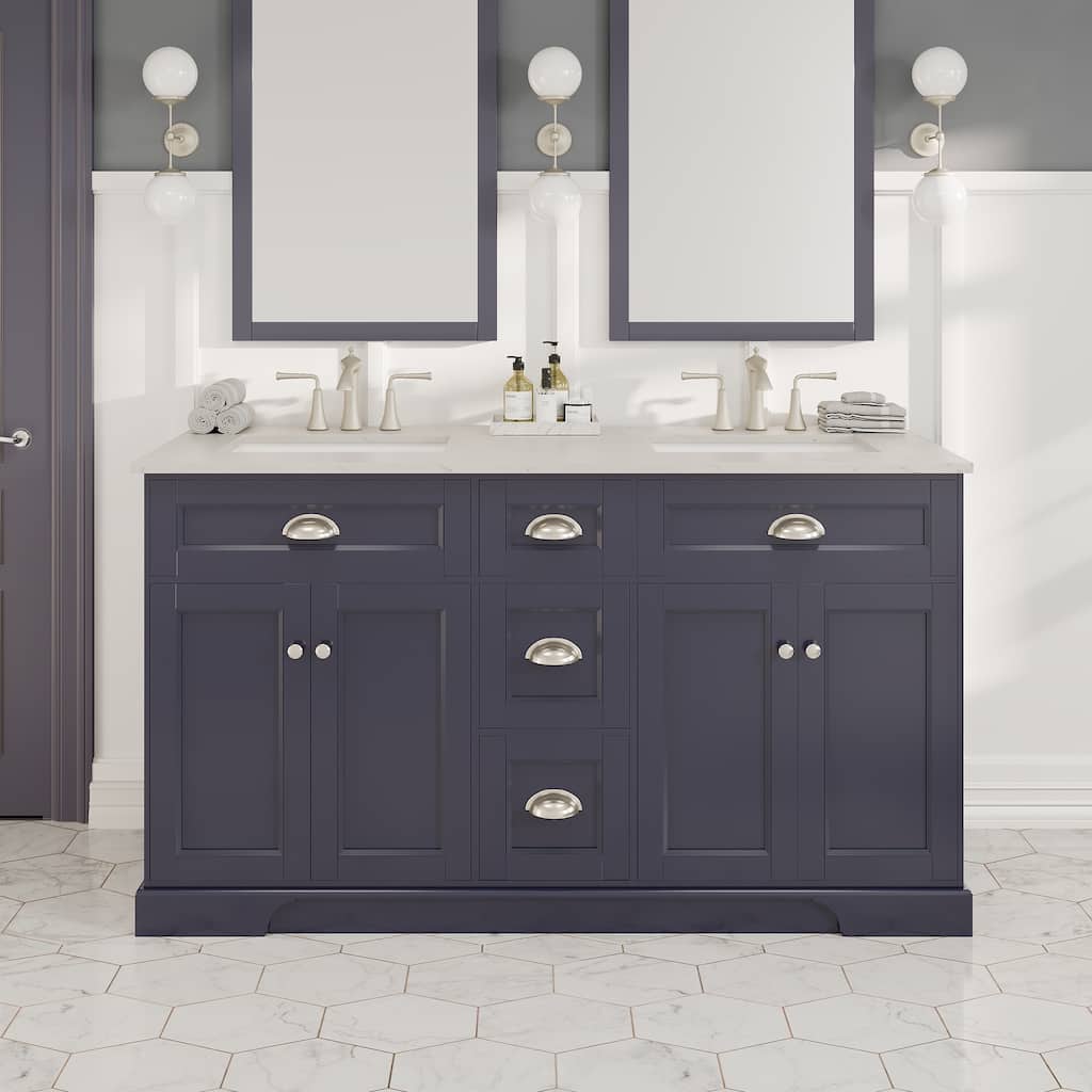 Epic 60"W Concrete Gray DS Bath Vanity with Carrara Quartz Top
