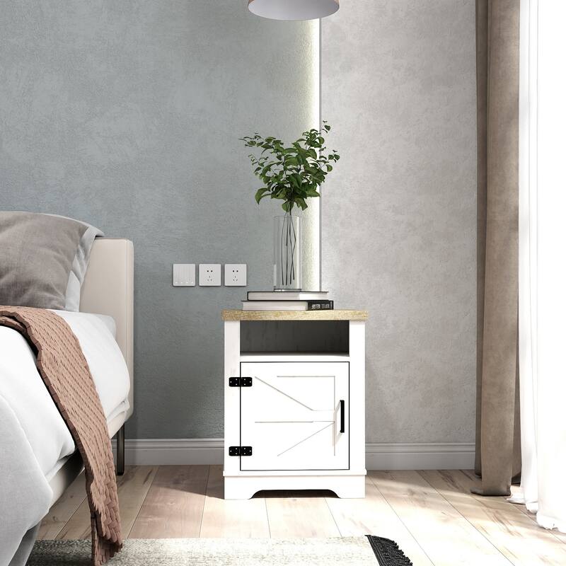 Farmhouse Nightstand, Modern Bedside Table with Barn Door and Shelf, Rustic End Table Side Table for Bedroom, Living Room