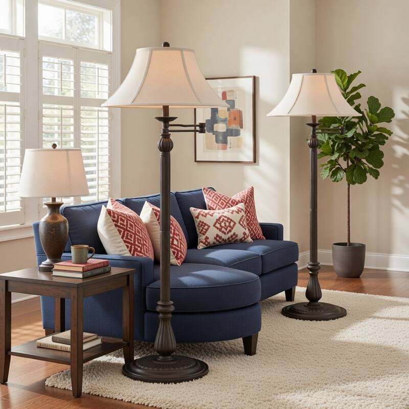 Swing Arm Metal Body Floor Lamp with Fabric Bell Shade, Bronze and Beige