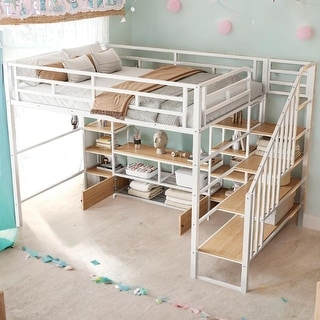Full Size Metal Loft Bed with Staircase,Two 4-Tier Shelves,Low Table With 2 Mesh Shelves