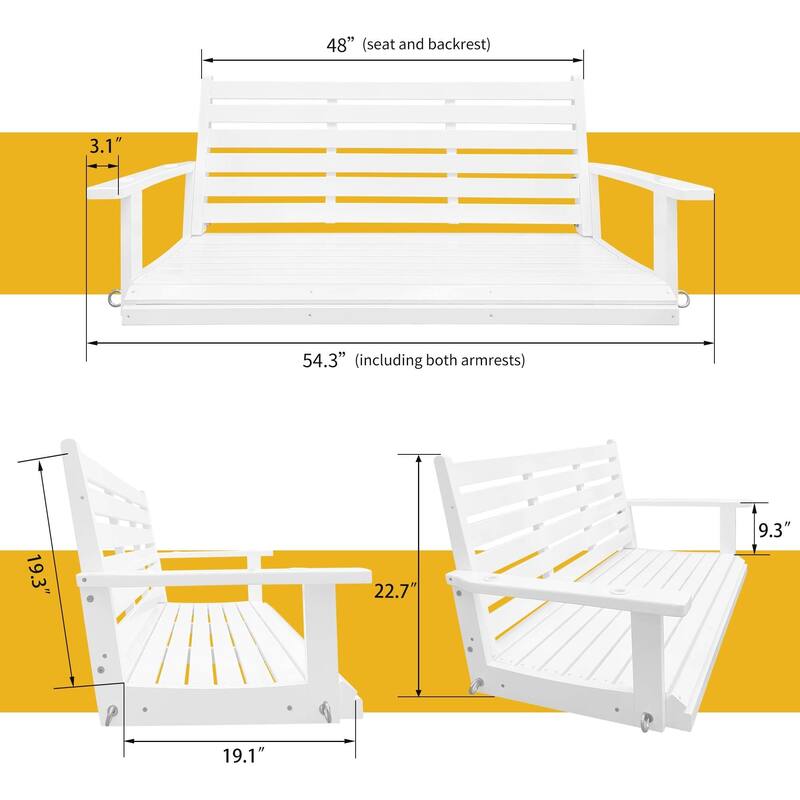 Wooden Porch Swing with Hanging Chains and 7mm Springs Heavy Duty 800 LBS for Outdoor Patio Garden Yard