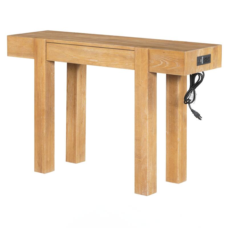 Rustic Minimalist Console Table with Hidden Drawer, Side Power Outlet,Wood Entryway Table for Entryways, Living Rooms