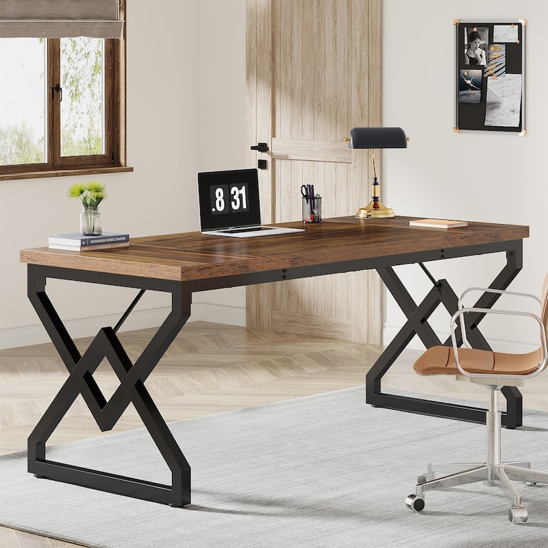 63-in Large Executive Desk, Home Office Computer Desk - Brown/Black