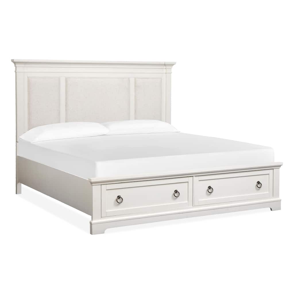 Magnussen Home Kingston Whisper White and Cerused Nutmeg Upholstered Panel Storage Bed