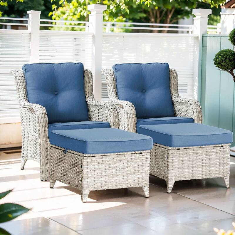 Gymojoy 4-Piece Outdoor Wicker Patio Furniture Chair Set, Rattan Coversation Set with Water Resistant Thick Cushions - Beige Wicker / Blue Cusion - 4-Piece