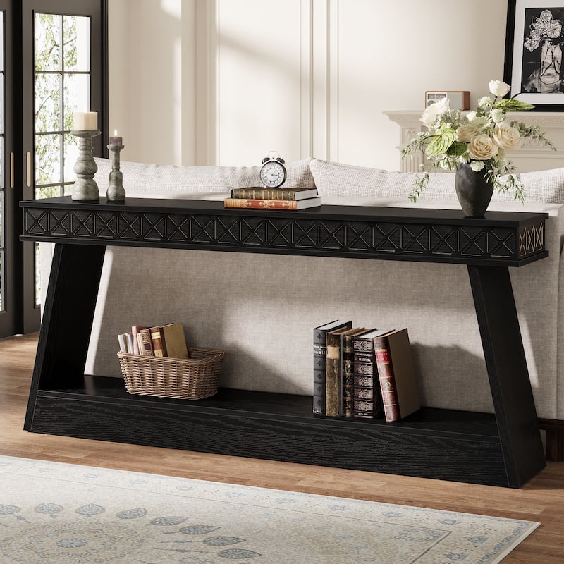 70.8-Inch Extra Long Console Table with Storage Shelf, 2-Tier Farmhouse Entryway Table - 70.87" L x 11.81" W x 31.5" H - Black