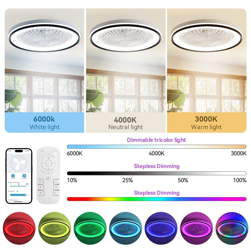 15"/19''/20"/42" RGB Color Dimmable LED Ceiling Fan with APP & Remote Control 6 Wind Speed, with Bluetooth Speaker Optional