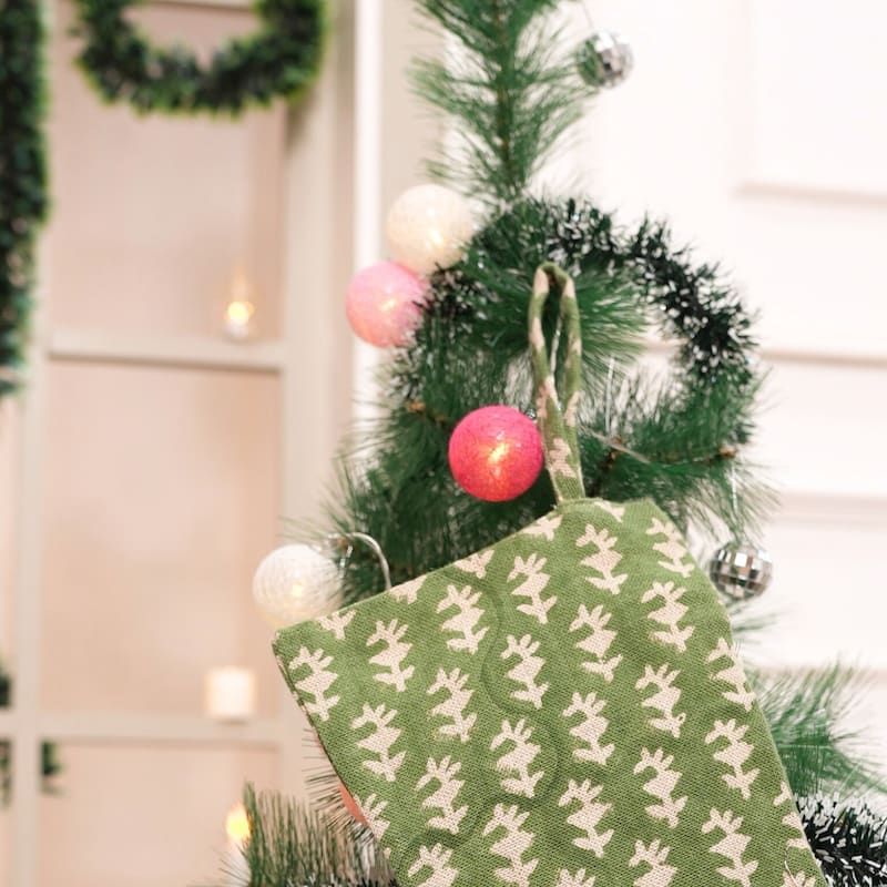 Fabdivine 16x6.5 Inches Hand Floral Block Print Christmas Stockings Tassle and Loop Perfect for Gift - 16"X6.5" - Wajeer- Green - Christmas Stockings