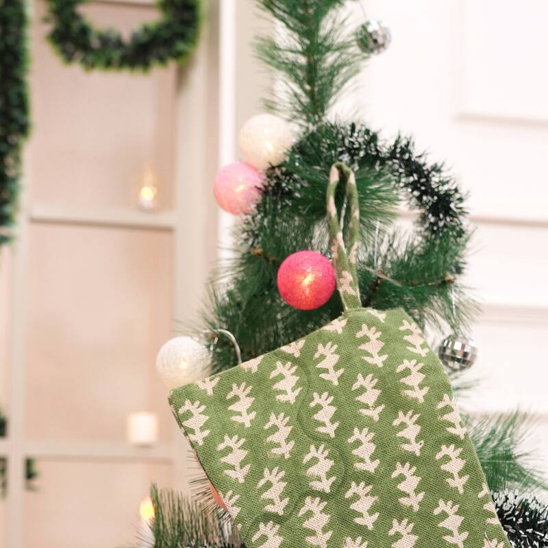 Fabdivine Handmade Christmas Stocking Floral Block Print 10X4.5 Inch Tassel Loop for Home Décor - 10"X4.5" - Wajeer- Green - Christmas Stockings