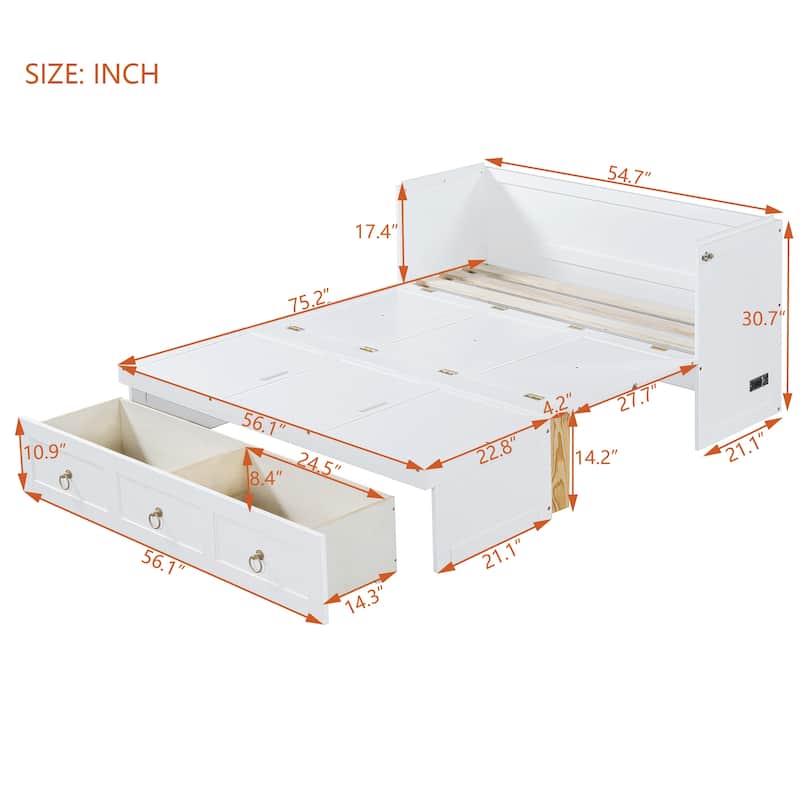 Full/Queen Murphy Bed with Built-in Power/USB Module, Wooden Foldable Wall Bed w/Large Storage Drawer for Home Office Guest Room