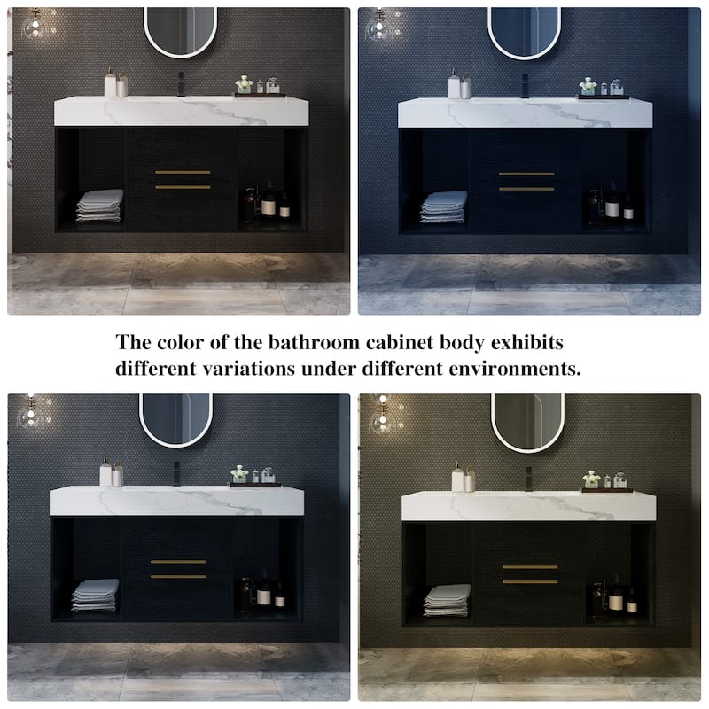 GDFStudio - Modern 39.4" Wall Mounted Floating Sintered Stone Bathroom Vanity with Seamless Ceramic Sink & Soft-Close Drawers