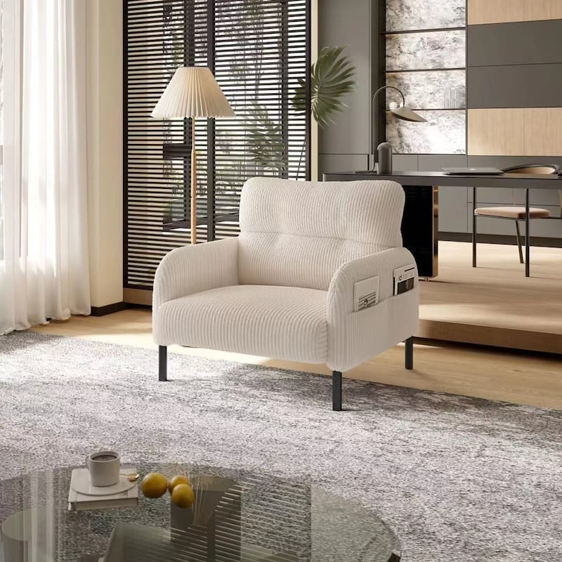 Ergonomic Armchair Corduroy Single Sofa Accent Chair with Side Pockets