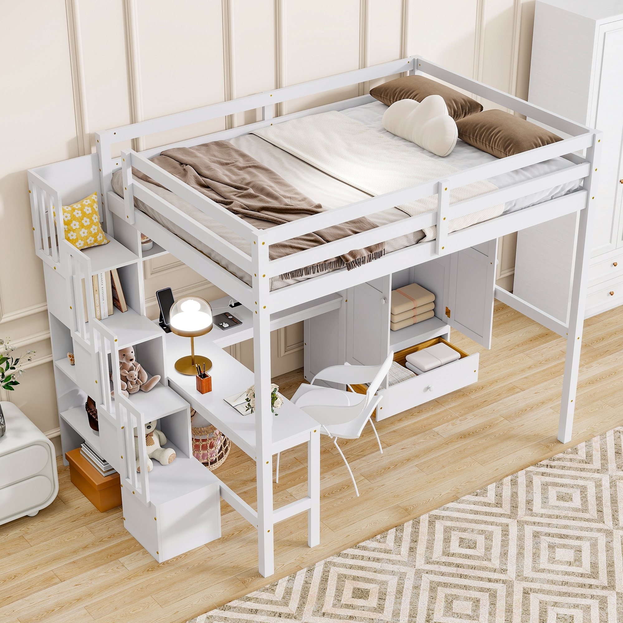 Full Size Wooden Loft Bed with Wardrobe, L-Shaped Desk, Bookshelves and Storage Staircase