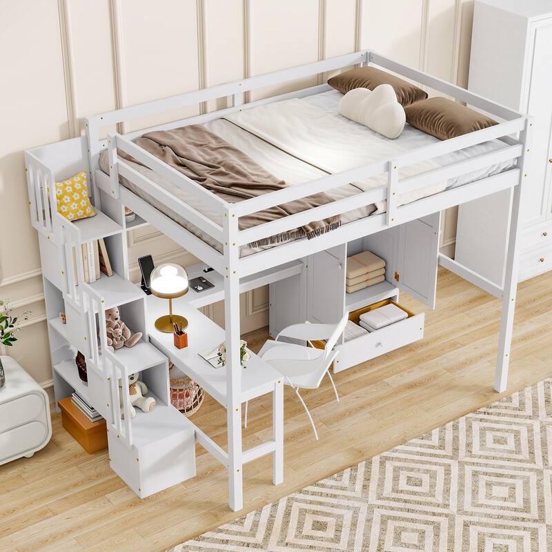 Roomfitters Full Size Loft Bed with Desk, Bookshelves and Wardrobe, Storage Staircase, Safety Guardrails, White