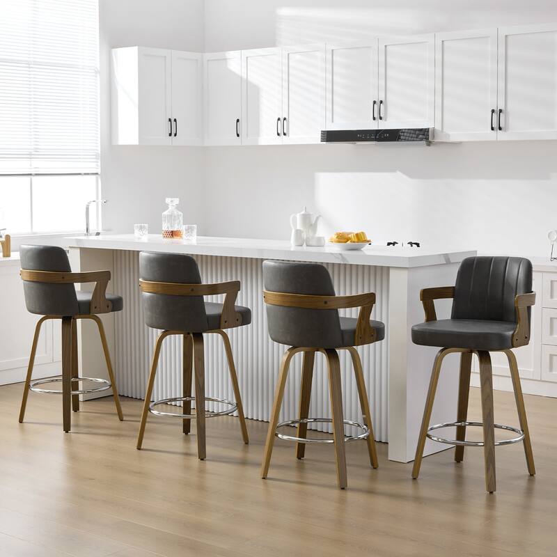 Upholstered Swivel Barstool with Arms and Bentwood Legs - 40.8"H x 18.9"W x 19.5"D/19.3"D