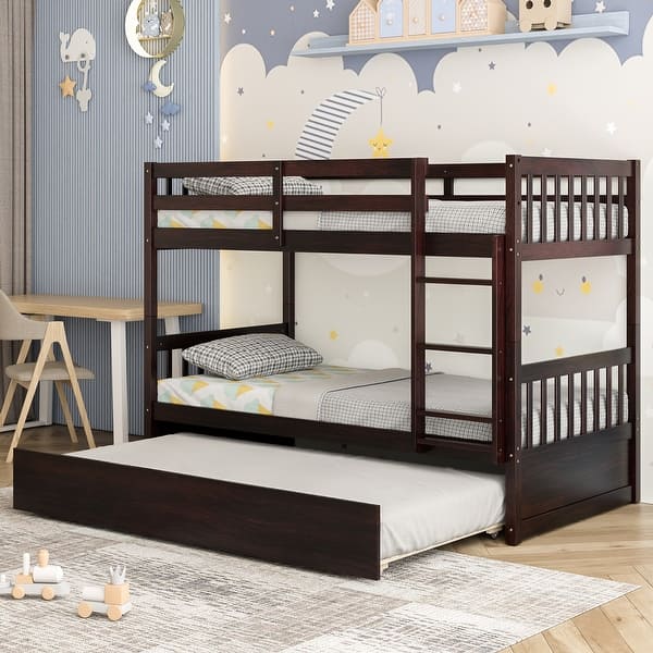 slide 2 of 7, Twin Over Twin Bunk Bed with Twin Trundle Solid Wood Frame