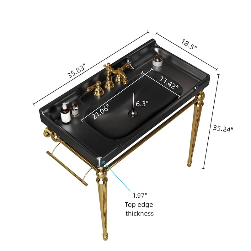 36"Bathroom Console Sink,Wall-Mounted Ceramic Basin with 3 Pre-drilled Faucet Holes,Freestanding Support Legs with Towel Bar