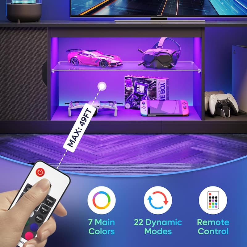 Bestier 70" TV Stand for TV, LED Gaming Entertainment Center with Storage Cabinet and Adjustable Tempered Glass Shelf
