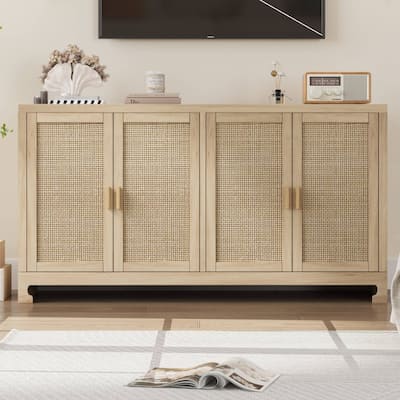 Rattan Buffet Storage Cabinet with 4 Doors and Shelf - N/A