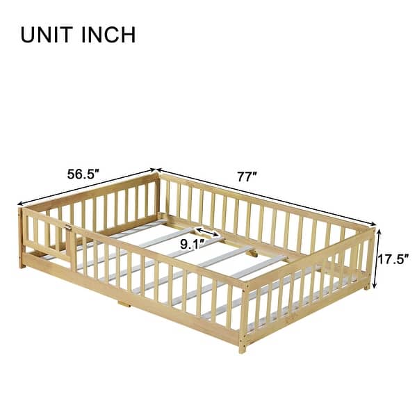 dimension image slide 3 of 4, White Full Size Wooden Floor Bed with Fence & Door, Rubber, Safety Guardrails