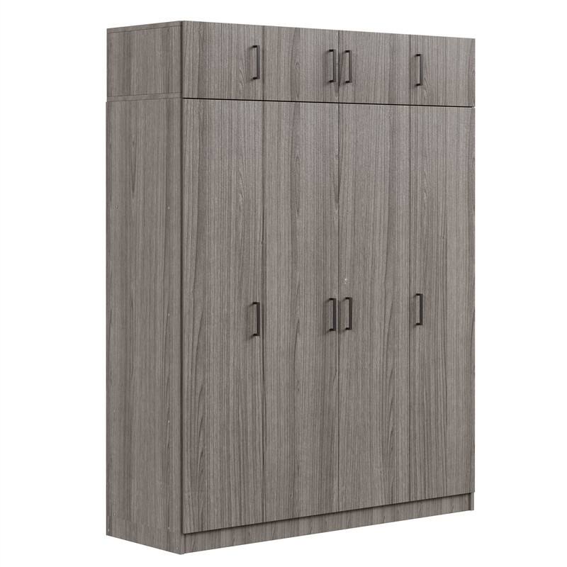 Modern Bedroom Wardrobe with 4 Doors and Top Cabinet, Freestanding Armoire Closet with Hanging Rod, 1 Drawer and Storage Shelves