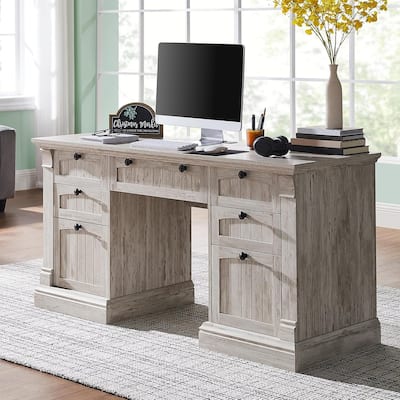 Farmhouse Computer Desk, Wood Home Office Desk with Charging Station