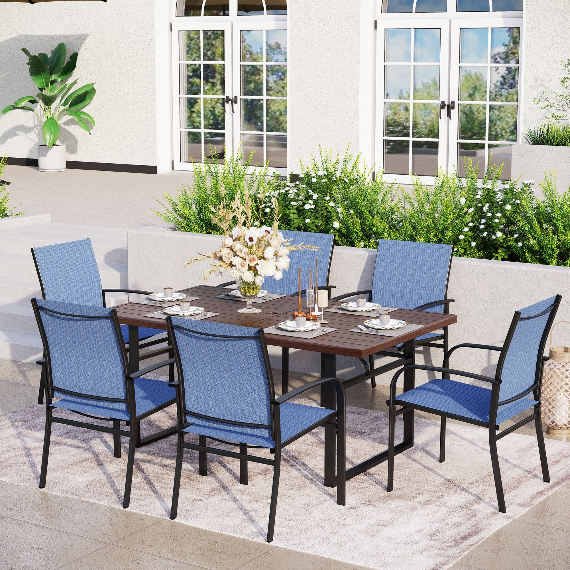 MAISON ARTS 7 Pieces Outdoor Dining Set with 6 Textilene Chairs and U-Shaped Leg Table