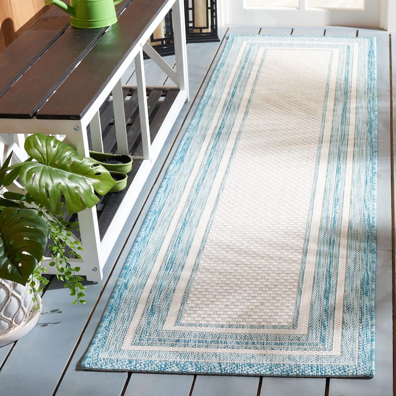 SAFAVIEH Courtyard Vickie Indoor/ Outdoor Waterproof Patio Backyard Rug - 2'3" x 8' Runner - Ivory/Aqua