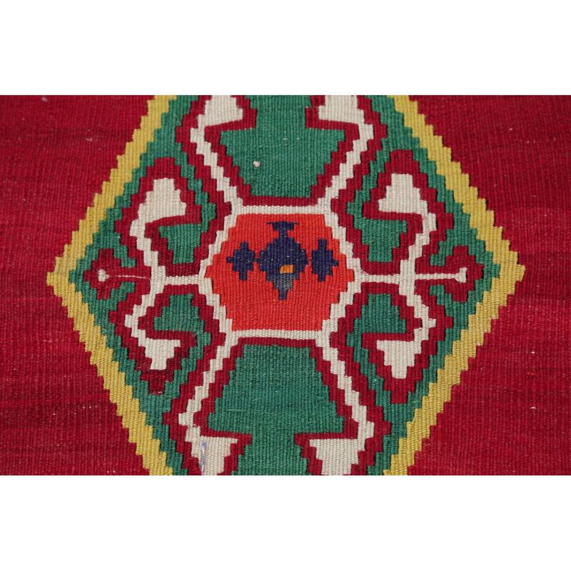 Hand Woven Oriental 100% Wool Carpet Southwestern Geometric Red Kilim Runner Rug - 8' 7'' X 4' 5''