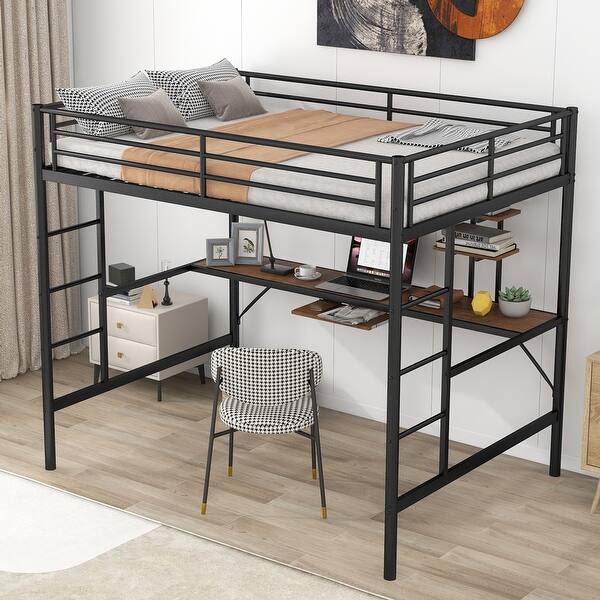 slide 2 of 9, Full Size Metal Bed Frame Loft Bed with Desk and Shelf,Guard Rails & Double Ladder,Space-saving Black