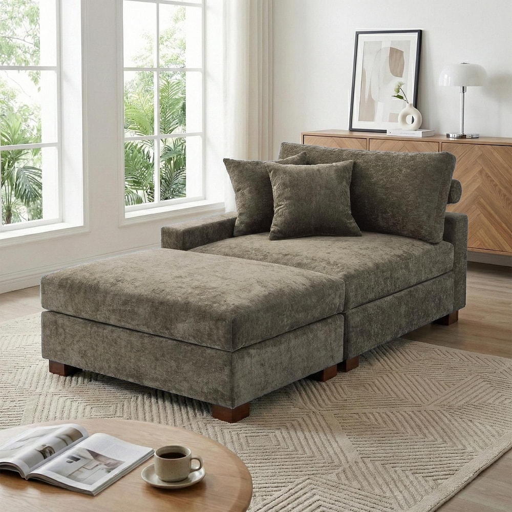 Modern Chenille Chaise Lounge Set with Ottoman