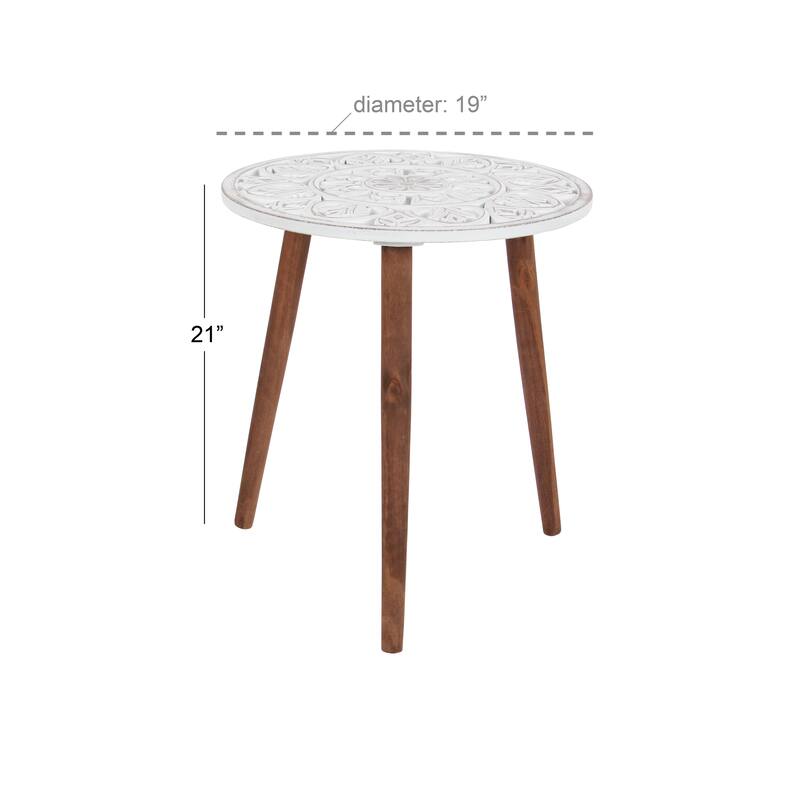 Mango Wood Handmade Intricately Carved Floral Accent Table with Tripod Legs - Dark Brown, White, Brown