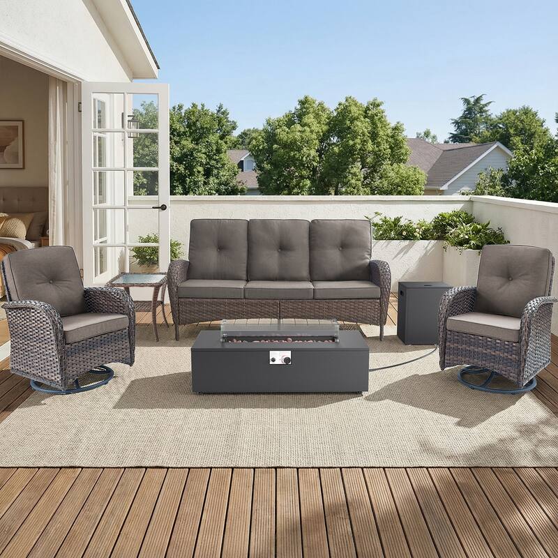 Pocassy 5/7 Piece Sofa Swivel Chair Ottoman with Fire Pit Table - Brown Wicker Gray Cushion - 5-Piece Sofa Swivel Chair with Fire Pit Table
