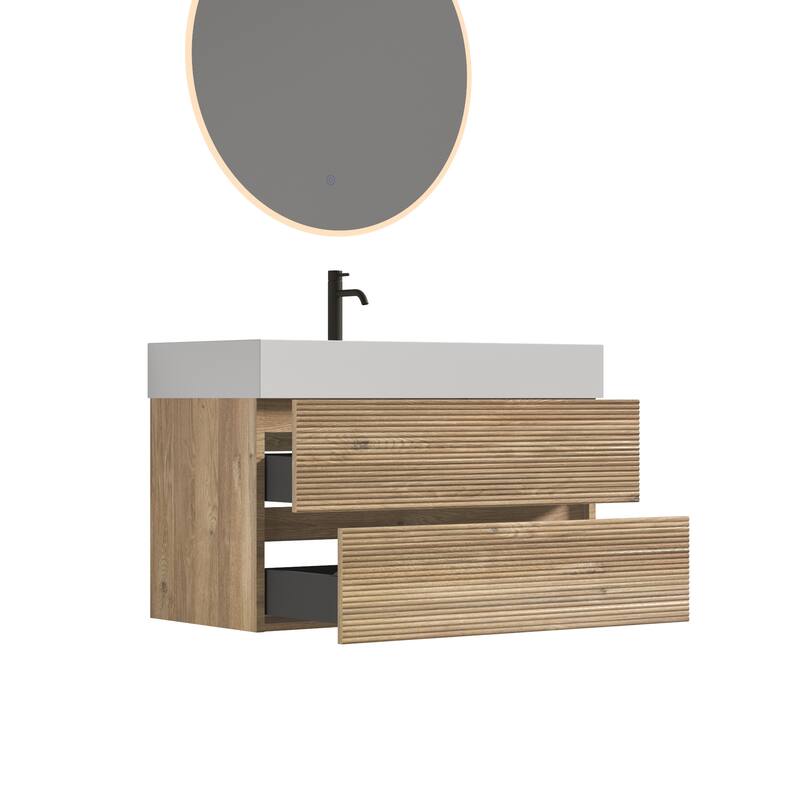 GDFStudio - Grace Wall-Mounted Bathroom Vanity with Engineered Quartz Sink & Soft Close Drawers, without Drainage and Faucet