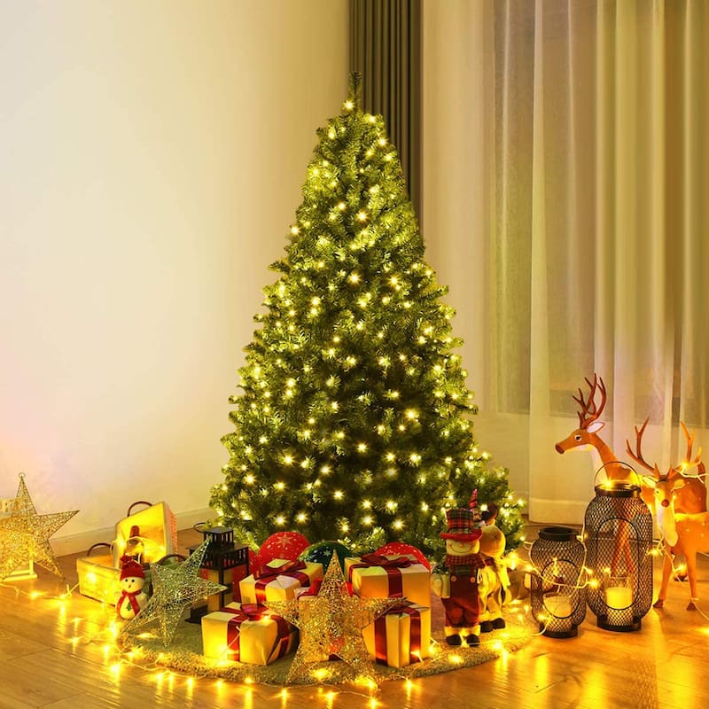 Gymax 5-9FT Pre-Lit Christmas Tree Hinged Artificial Tree w/ Metal