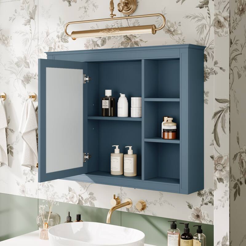 GDFStudio - Riggs Modern Wall-Mounted Bathroom Storage Cabinet with Mirror and Open Shelves (Not Include Bathroom Vanity)