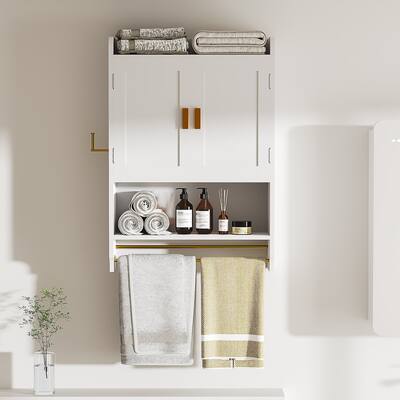 White Bathroom Cabinet, Wall Mounted with Towels Bar, Double Doors Medicine Cabinet with Adjustable Shelves, Over Toilet Cabinet