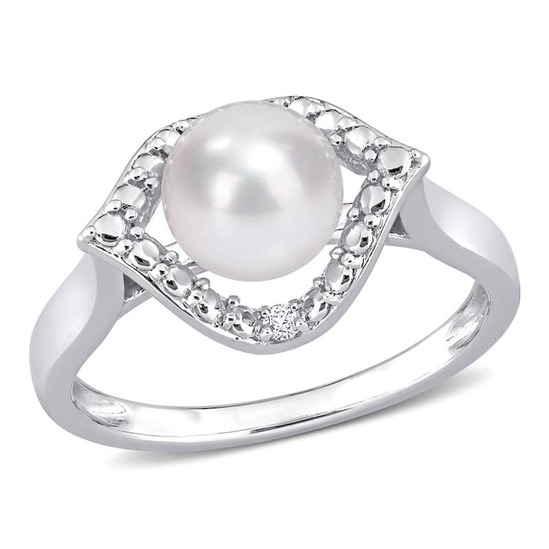 Miadora Sterling Silver Cultured Freshwater Pearl & Created White Sapphire Halo Ring (7-7.5mm)