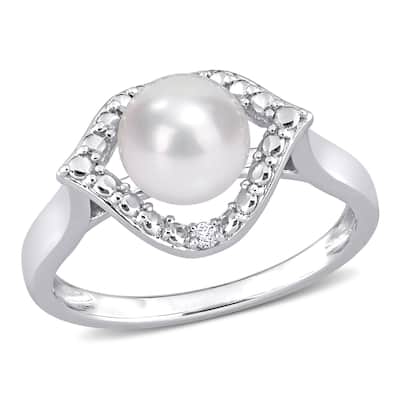Miadora Sterling Silver Cultured Freshwater Pearl & Created White Sapphire Halo Ring (7-7.5mm)