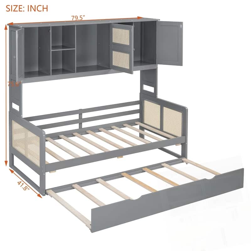 Wooden Daybed With Twin Size Trundle and All-in-One Cabinet and Shelf