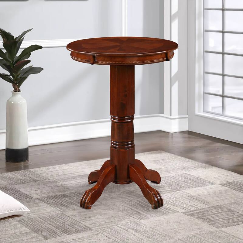 Ava 42 Inch Wood Pub Bar Table, Sunburst Design, Carved Pedestal, Dark Brown