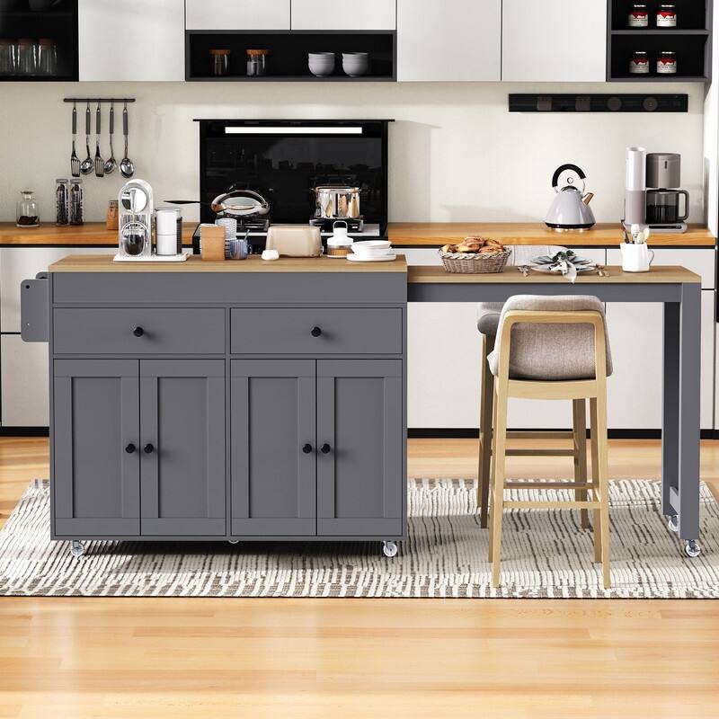 74.5“ Kitchen Island with Extendable Dining Table, Rolling Kitchen Island on Wheels with Spice Rack, Drawers and Cabinets - Grey