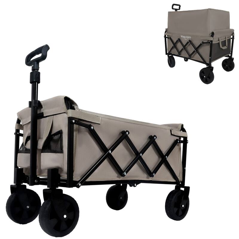 Expandable Dual-Layer Utility Wagon with 100% Extra Space - Grocery Cart for Camping, Shopping, Sports, Gardening, Fishing - Beige