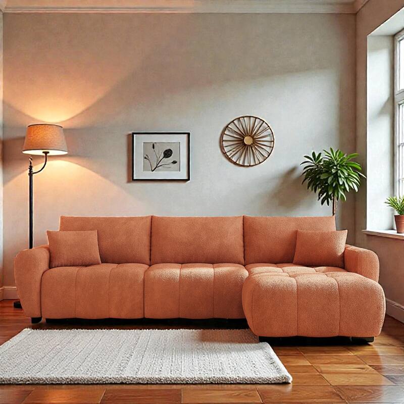 110" Modular L-Shaped Sectional Sofa with Ottoman, Boucle Fabric Couch, High Density Foam Seating - Orange