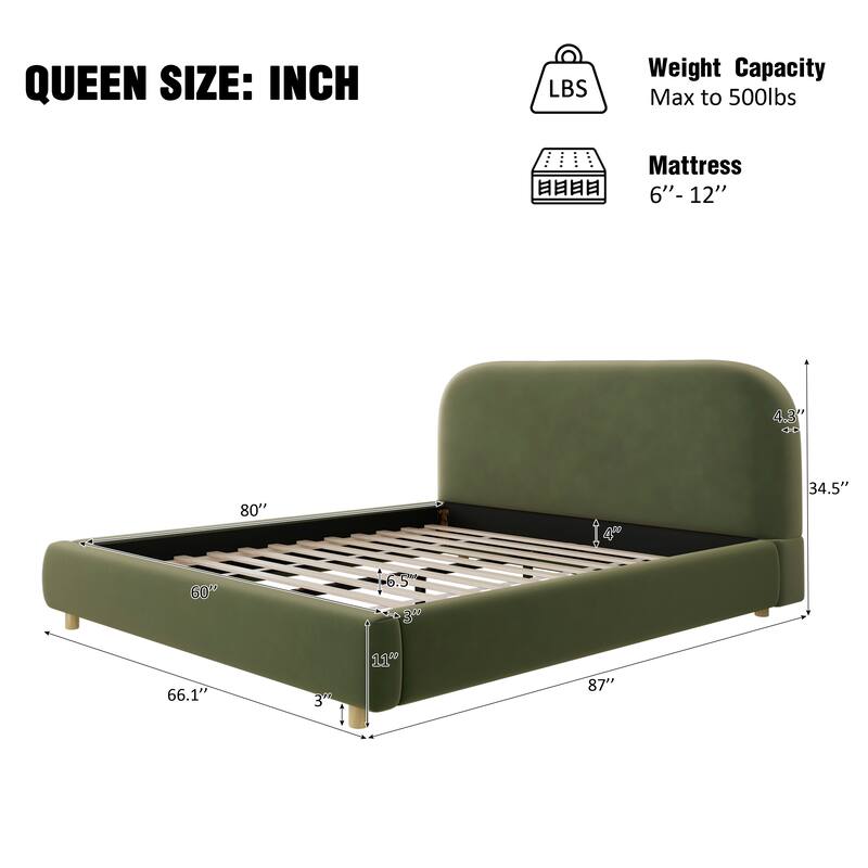 Queen Size Platform Bed with Velvet Fabric, Upholstered Bed with Curve Design Thick Headboard