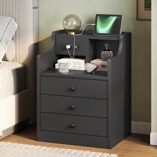 Nightstand End Table with Hutch 3 Storage Drawers Charging Station